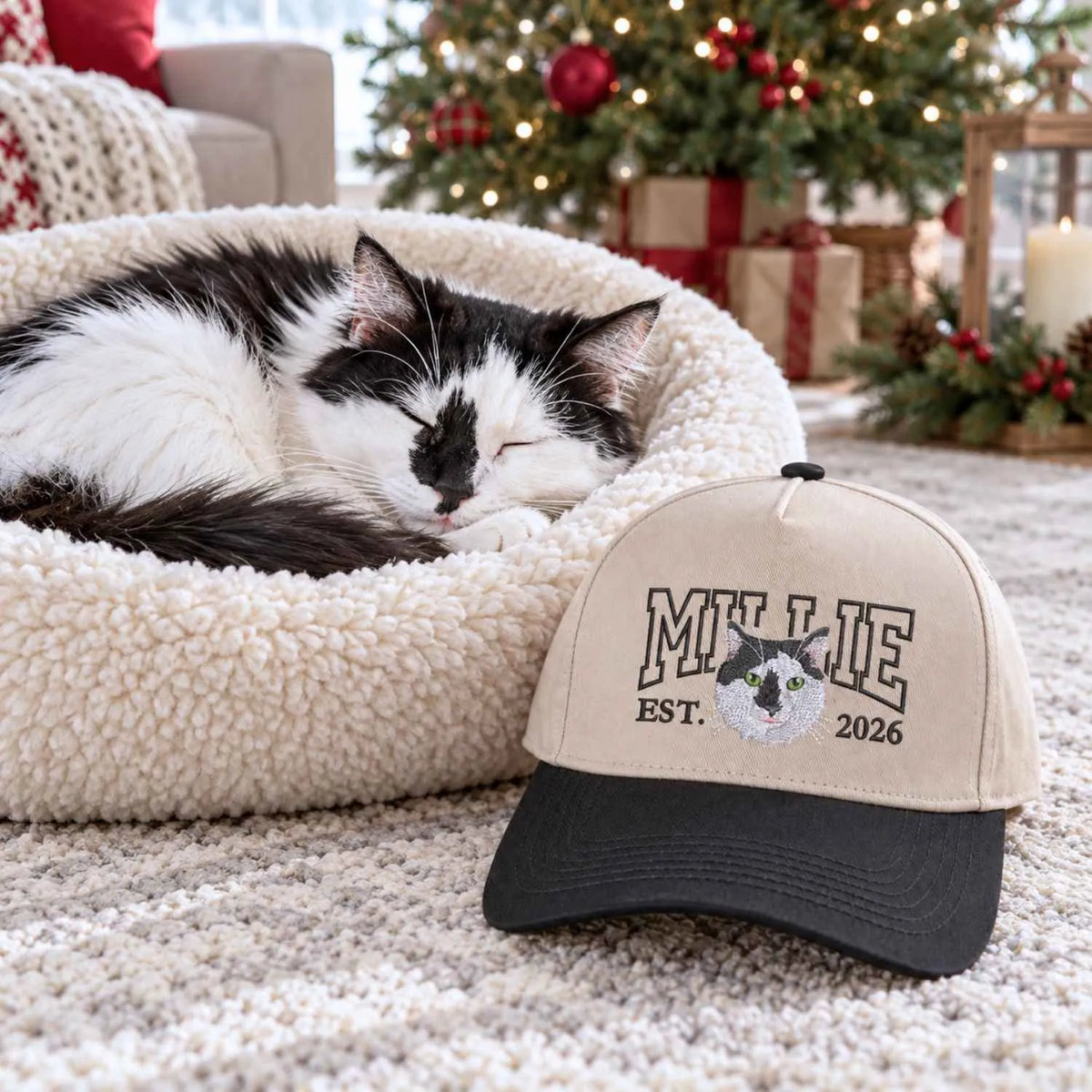 Custom Cat Photo Varsity Snapback Hat, Embroidered Cat Portrait with Est Year Cap, Christmas Gift for Cat Dad