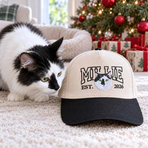Custom Cat Photo Varsity Snapback Hat, Embroidered Cat Portrait with Est Year Cap, Christmas Gift for Cat Dad