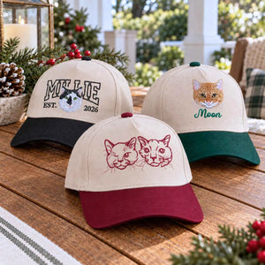 Custom Cat Photo Varsity Snapback Hat, Embroidered Cat Portrait with Est Year Cap, Christmas Gift for Cat Dad