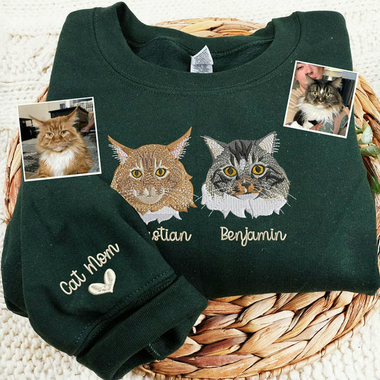 Custom Cat Portrait Photo Sweatshirt for Women - Embroidered Cat Mom Birthday Crewneck