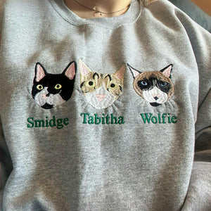 Custom Cat Portrait Photo Sweatshirt for Women - Embroidered Cat Mom Birthday Crewneck