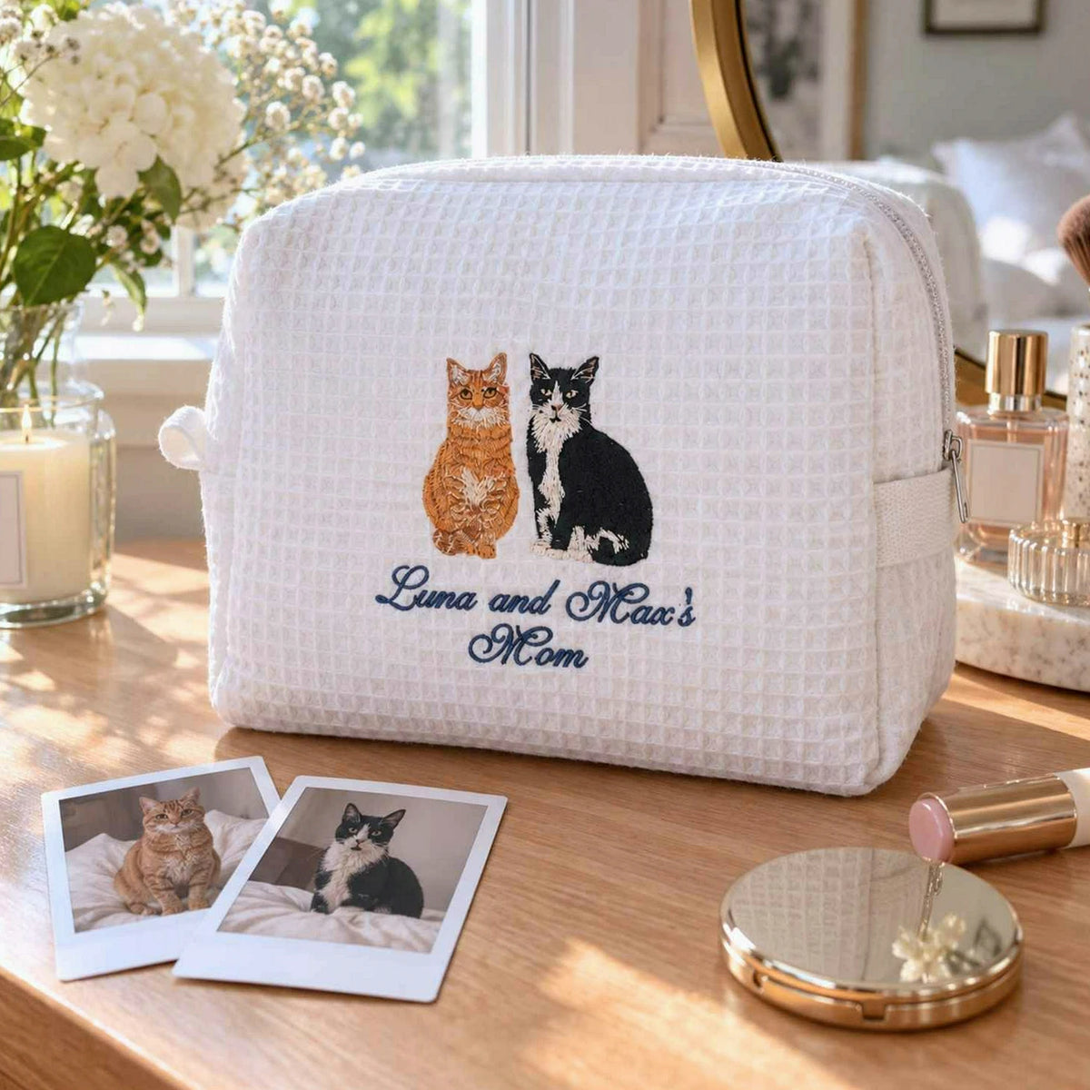 Custom Cat Waffle Cosmetic Bag, Embroidered Cat Portrait Travel Bag for Makeup, Accessory Gifts For Teen Girls
