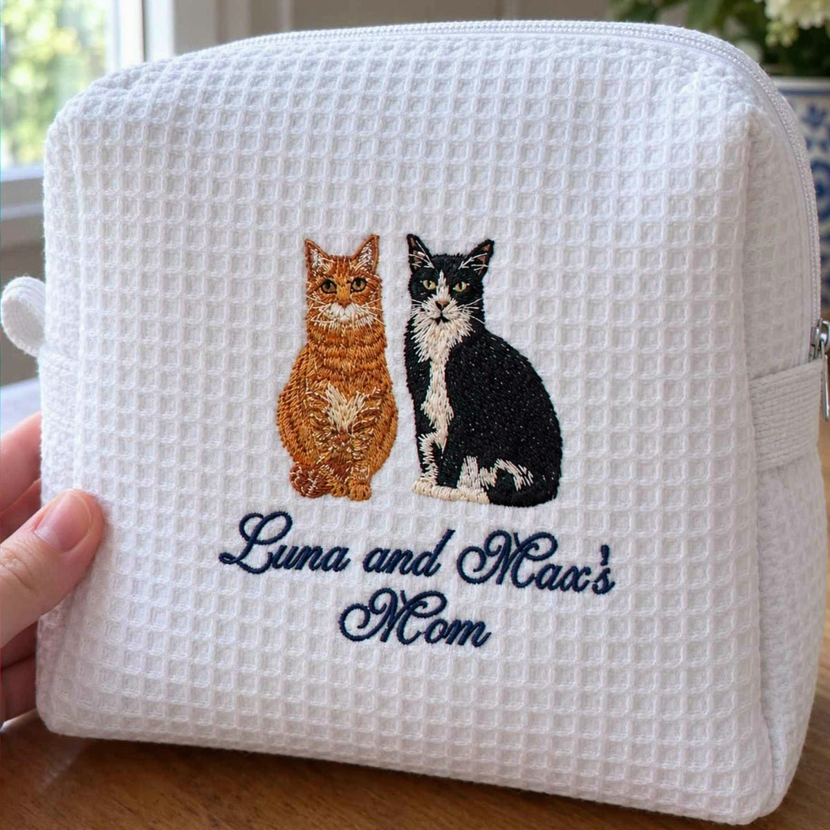 Custom Cat Waffle Cosmetic Bag, Embroidered Cat Portrait Travel Bag for Makeup, Accessory Gifts For Teen Girls