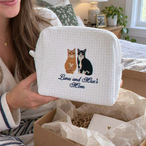 Custom Cat Waffle Cosmetic Bag, Embroidered Cat Portrait Travel Bag for Makeup, Accessory Gifts For Teen Girls