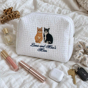 Custom Cat Waffle Cosmetic Bag, Embroidered Cat Portrait Travel Bag for Makeup, Accessory Gifts For Teen Girls