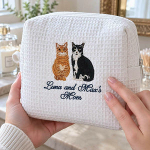 Custom Cat Waffle Cosmetic Bag, Embroidered Cat Portrait Travel Bag for Makeup, Accessory Gifts For Teen Girls