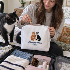 Custom Cat Waffle Cosmetic Bag, Embroidered Cat Portrait Travel Bag for Makeup, Accessory Gifts For Teen Girls