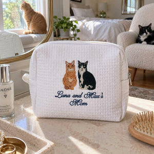 Custom Cat Waffle Cosmetic Bag, Embroidered Cat Portrait Travel Bag for Makeup, Accessory Gifts For Teen Girls