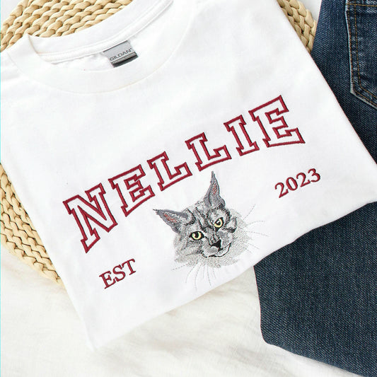 Custom Embroidered White Cat Portrait from Photo T-Shirt, gift for Fur mama