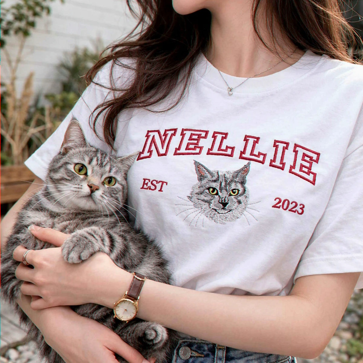 Custom Cat Memorial T-Shirt for Cat Mom, Personalized Embroidered Pet Face & Name