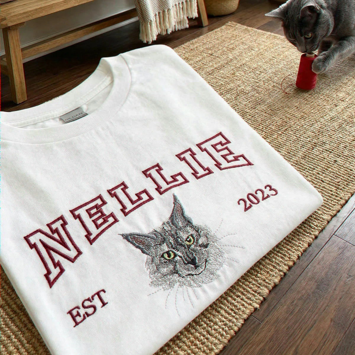 Custom Cat Memorial T-Shirt for Cat Mom, Personalized Embroidered Pet Face & Name