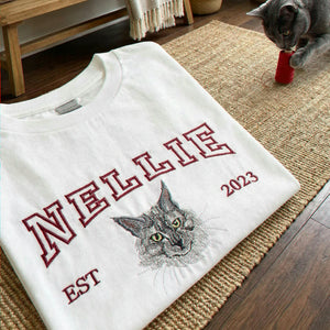 Custom Cat Memorial T-Shirt for Cat Mom, Personalized Embroidered Pet Face & Name