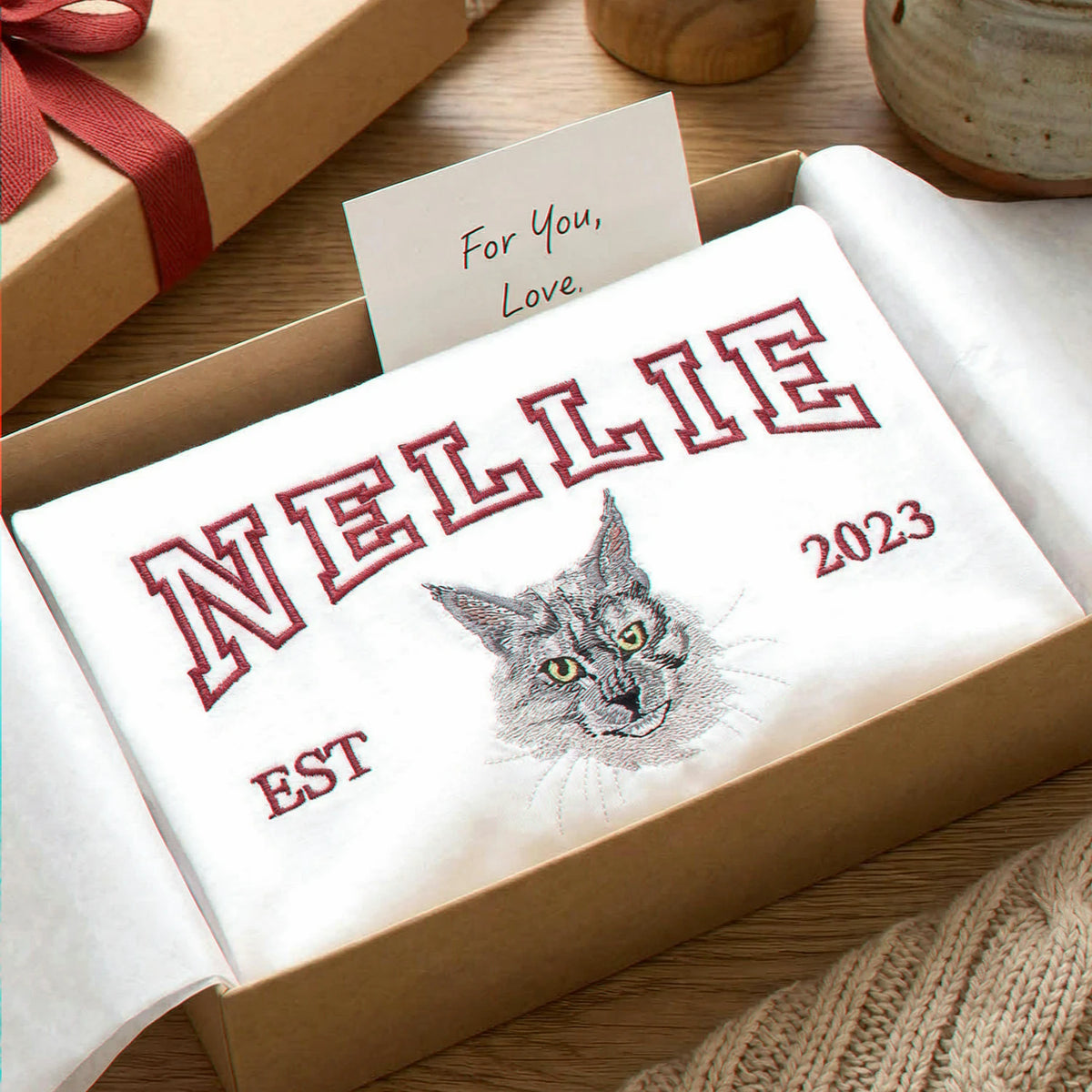 Custom Cat Memorial T-Shirt for Cat Mom, Personalized Embroidered Pet Face & Name