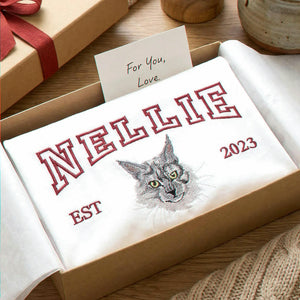 Custom Cat Memorial T-Shirt for Cat Mom, Personalized Embroidered Pet Face & Name