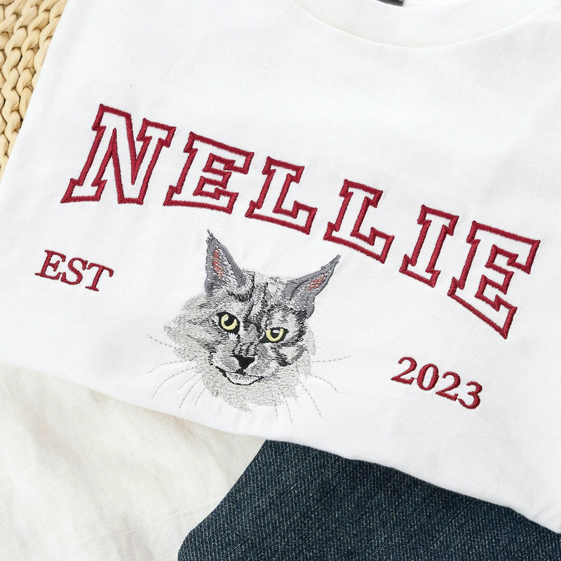 Custom Cat Memorial T-Shirt for Cat Mom, Personalized Embroidered Pet Face & Name