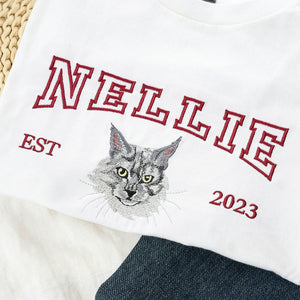 Custom Cat Memorial T-Shirt for Cat Mom, Personalized Embroidered Pet Face & Name