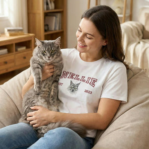 Custom Cat Memorial T-Shirt for Cat Mom, Personalized Embroidered Pet Face & Name