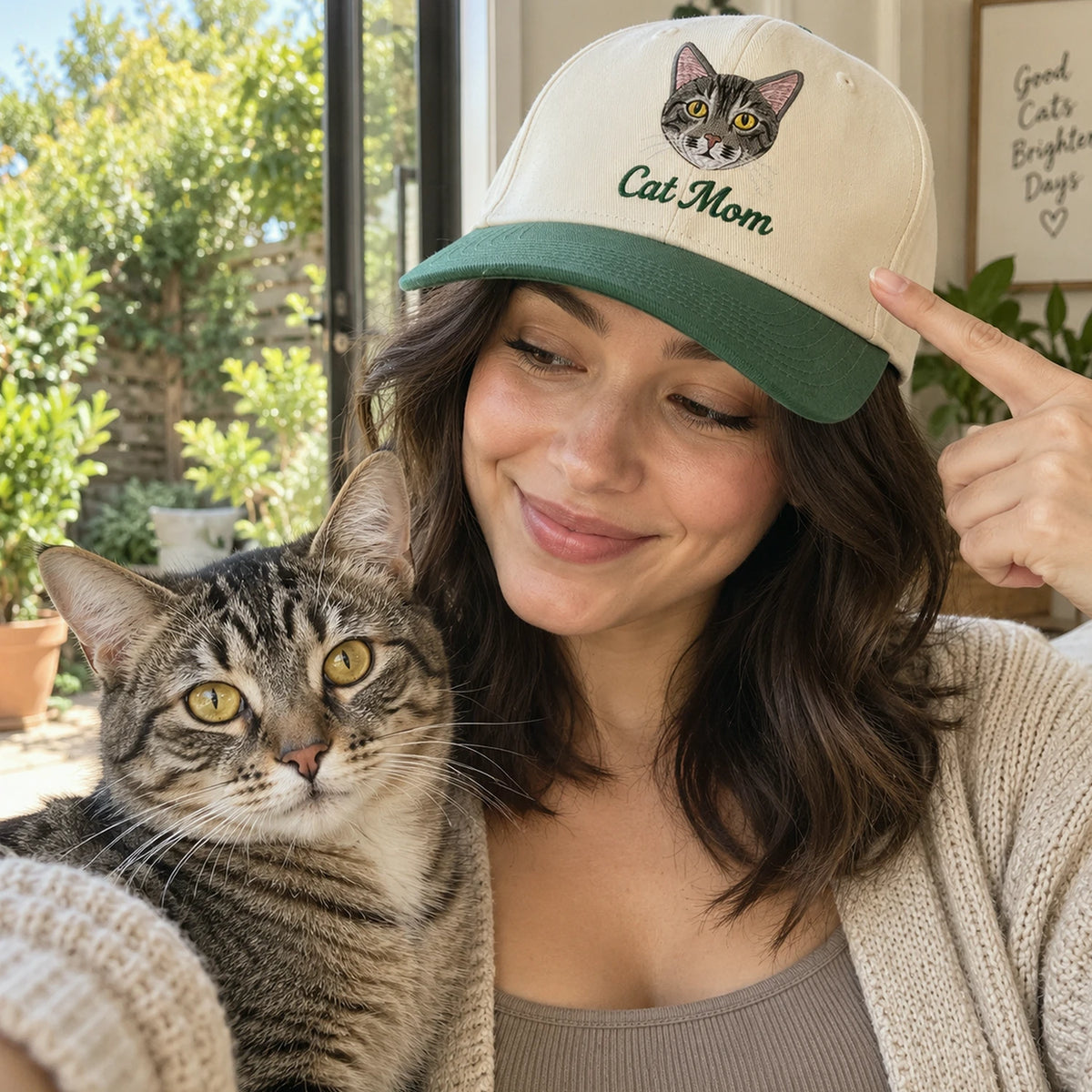 Custom Cat Mom Portrait Snapback Hat, Embroidered Cat Mama Photo Gift, Personalized Side Back Cap