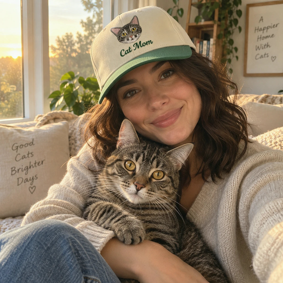 Custom Cat Mom Portrait Snapback Hat, Embroidered Cat Mama Photo Gift, Personalized Side Back Cap