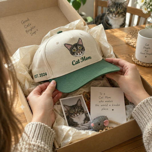Custom Cat Portrait Snapback Hat, Embroidered Cat Photo Gift, Personalized Side Back Cap