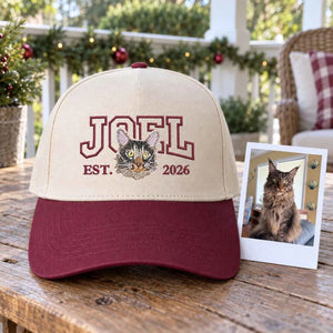 Custom embroidered cat hat featuring personalized pet portrait text JOEL EST 2026 and cat photo, gift for cat mom