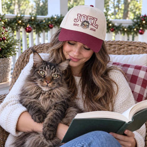Custom Cat Portrait Varsity Snapback Hat, Embroidered Cat Photo with Est Year Cap, Christmas Gift for Cat Mom