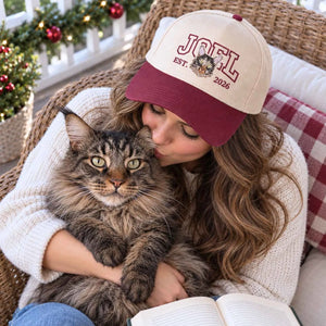 Custom Cat Portrait Varsity Snapback Hat, Embroidered Cat Photo with Est Year Cap, Christmas Gift for Cat Mom