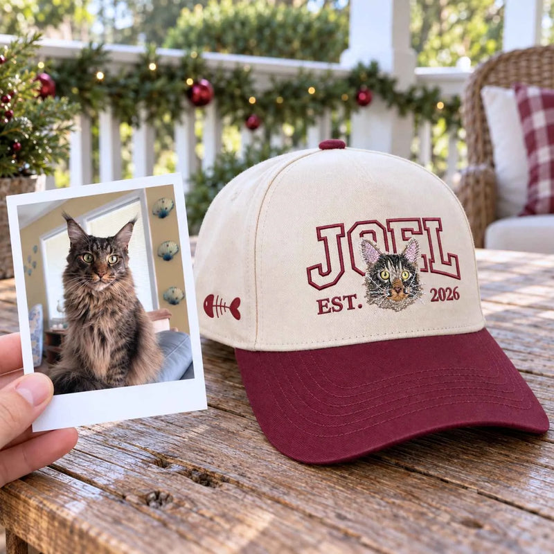 Custom Cat Portrait Varsity Snapback Hat, Embroidered Cat Photo with Est Year Cap, Christmas Gift for Cat Mom