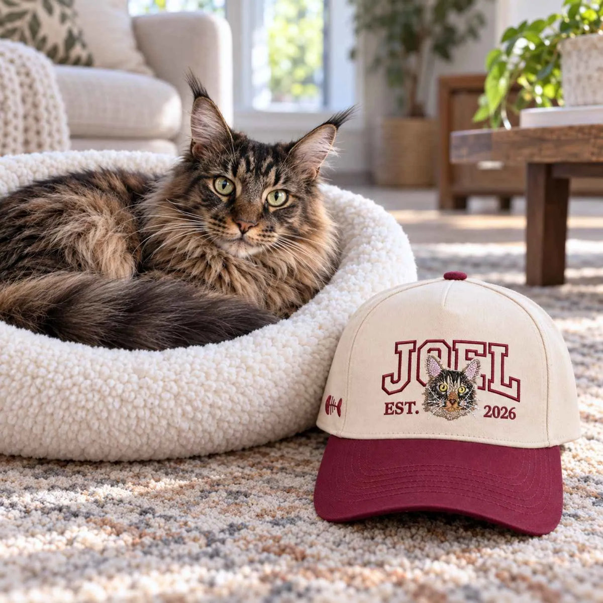 Custom Cat Portrait Varsity Snapback Hat, Embroidered Cat Photo with Est Year Cap, Christmas Gift for Cat Mom