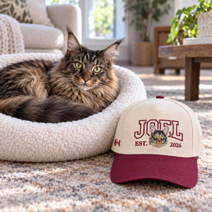 Custom Cat Portrait Varsity Snapback Hat, Embroidered Cat Photo with Est Year Cap, Christmas Gift for Cat Mom