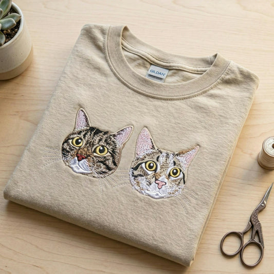 Custom Cat Portrait Shirt - Personalized Photo T-Shirt for Women - Embroidered Birthday Gift for Mama, Grandma Tee