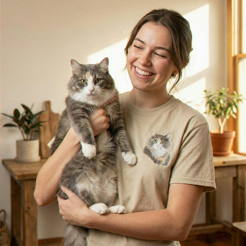 Custom Cat Portrait T-shirt for Birthday Mom, Embroidered Pet Photo Tee & Name - Gift for Her