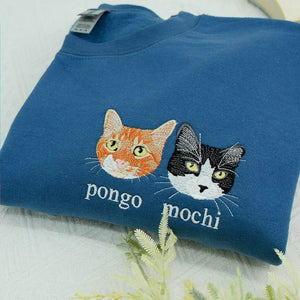 Custom Embroidered Cat Sweatshirt, Personalized Pet Portrait Gift for Cat Moms