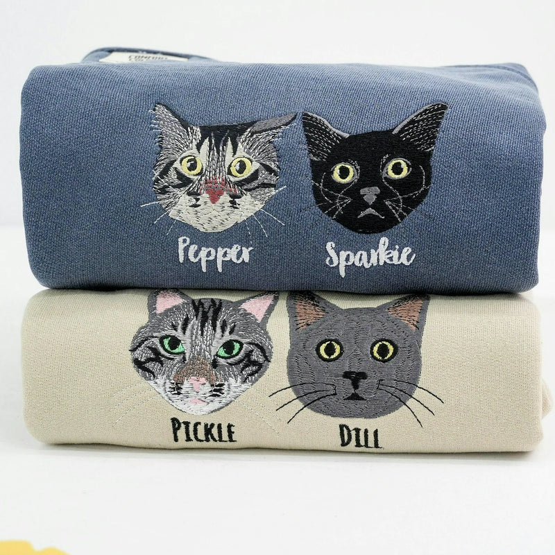 Custom Embroidered Cat Sweatshirt, Personalized Pet Portrait Gift for Cat Moms