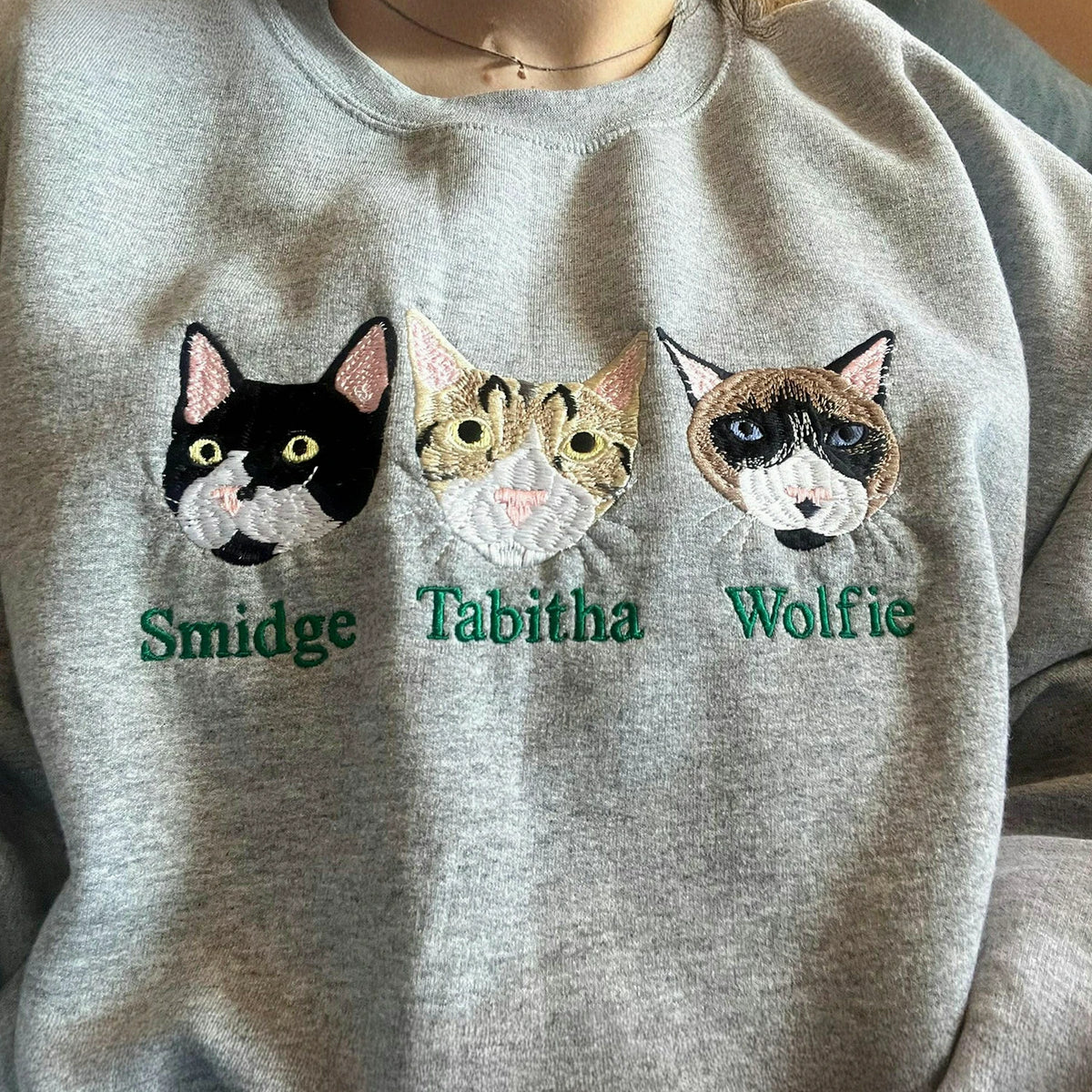 Custom Embroidered Cat Sweatshirt, Personalized Pet Portrait Gift for Cat Moms