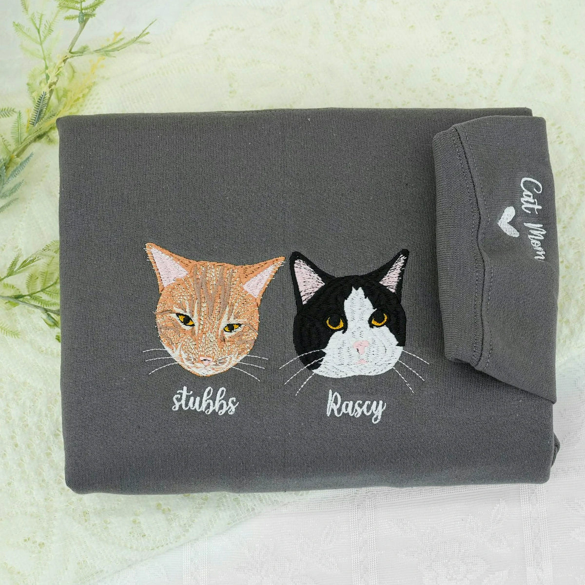 Custom Embroidered Cat Sweatshirt, Personalized Pet Portrait Gift for Cat Moms