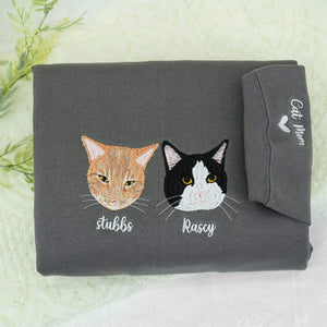 Custom Embroidered Cat Sweatshirt, Personalized Pet Portrait Gift for Cat Moms