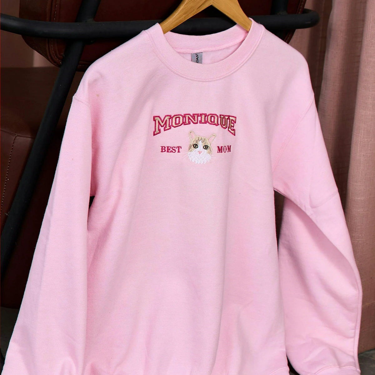 Custom Cat Portrait Hoodie with Embroidered Pet Name, Personalized Cat Mama Gift
