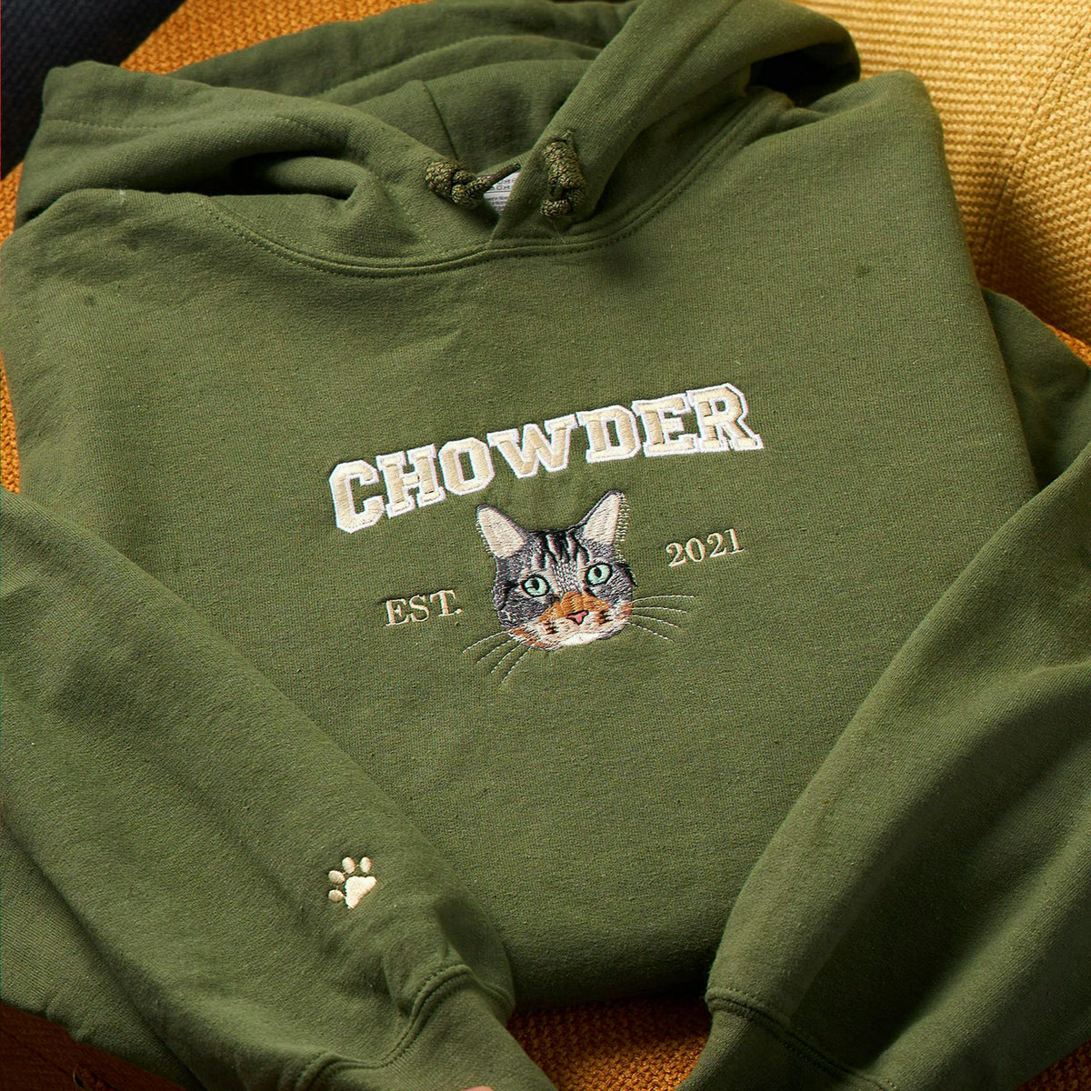 Custom Cat Portrait Hoodie with Embroidered Pet Name, Personalized Cat Mama Gift