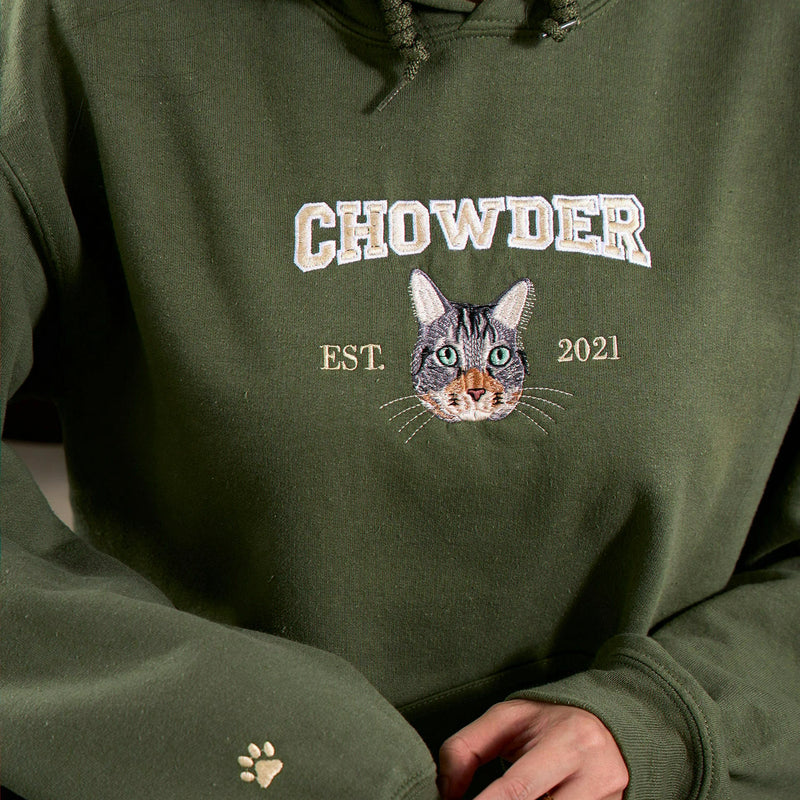 Custom Cat Portrait Hoodie with Embroidered Pet Name, Personalized Cat Mama Gift