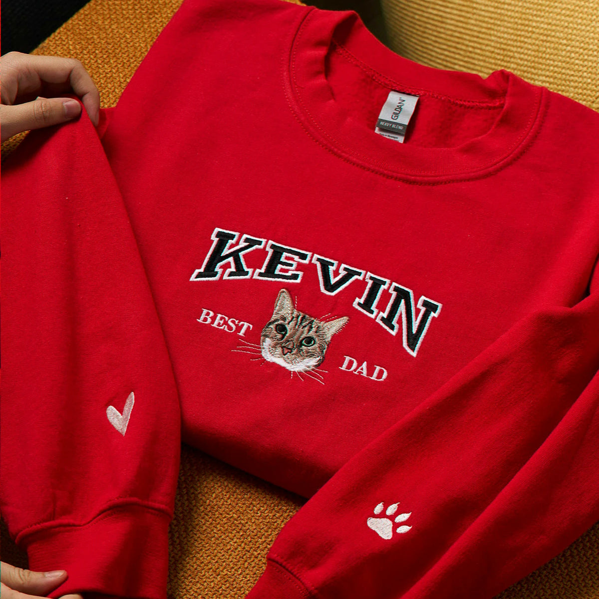 Custom Cat Portrait Hoodie with Embroidered Pet Name, Personalized Cat Mama Gift