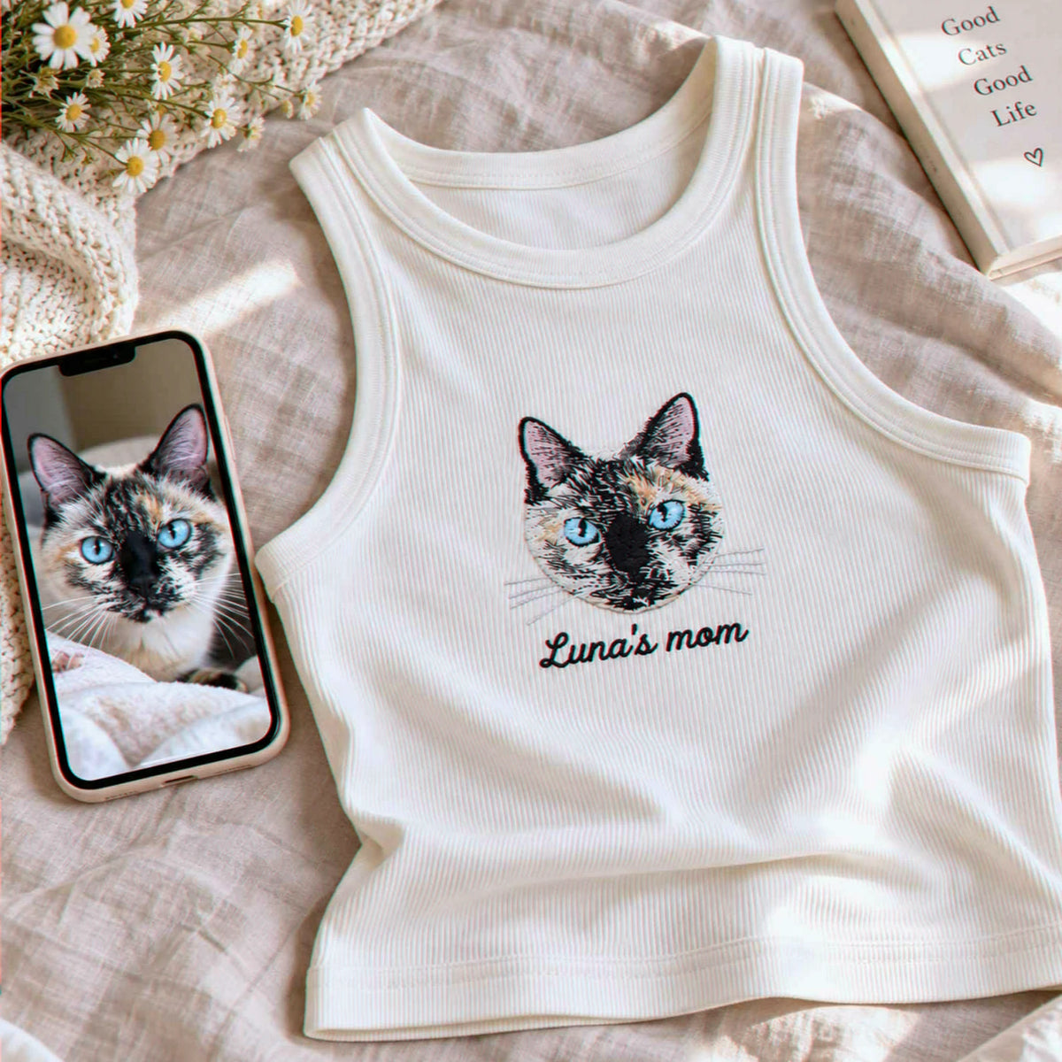 Custom Cat Mom Tank Top, Embroidered Cat Portrait from Photo Tank for Birthday Cat Mom, Pet Lover Gift