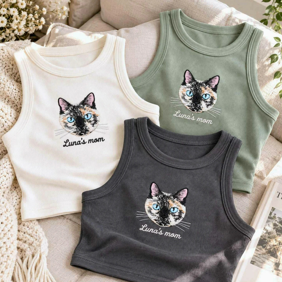 Custom Cat Mom Tank Top, Embroidered Cat Portrait from Photo Tank for Birthday Cat Mom, Pet Lover Gift