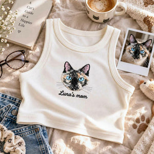 Custom Cat Mom Tank Top, Embroidered Cat Portrait from Photo Tank for Birthday Cat Mom, Pet Lover Gift