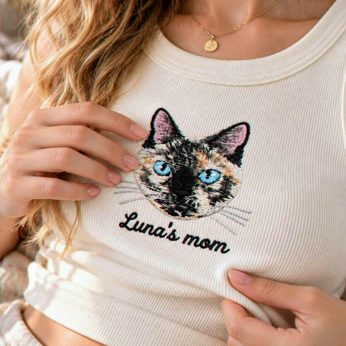 Custom Cat Mom Tank Top, Embroidered Cat Portrait from Photo Tank for Birthday Cat Mom, Pet Lover Gift