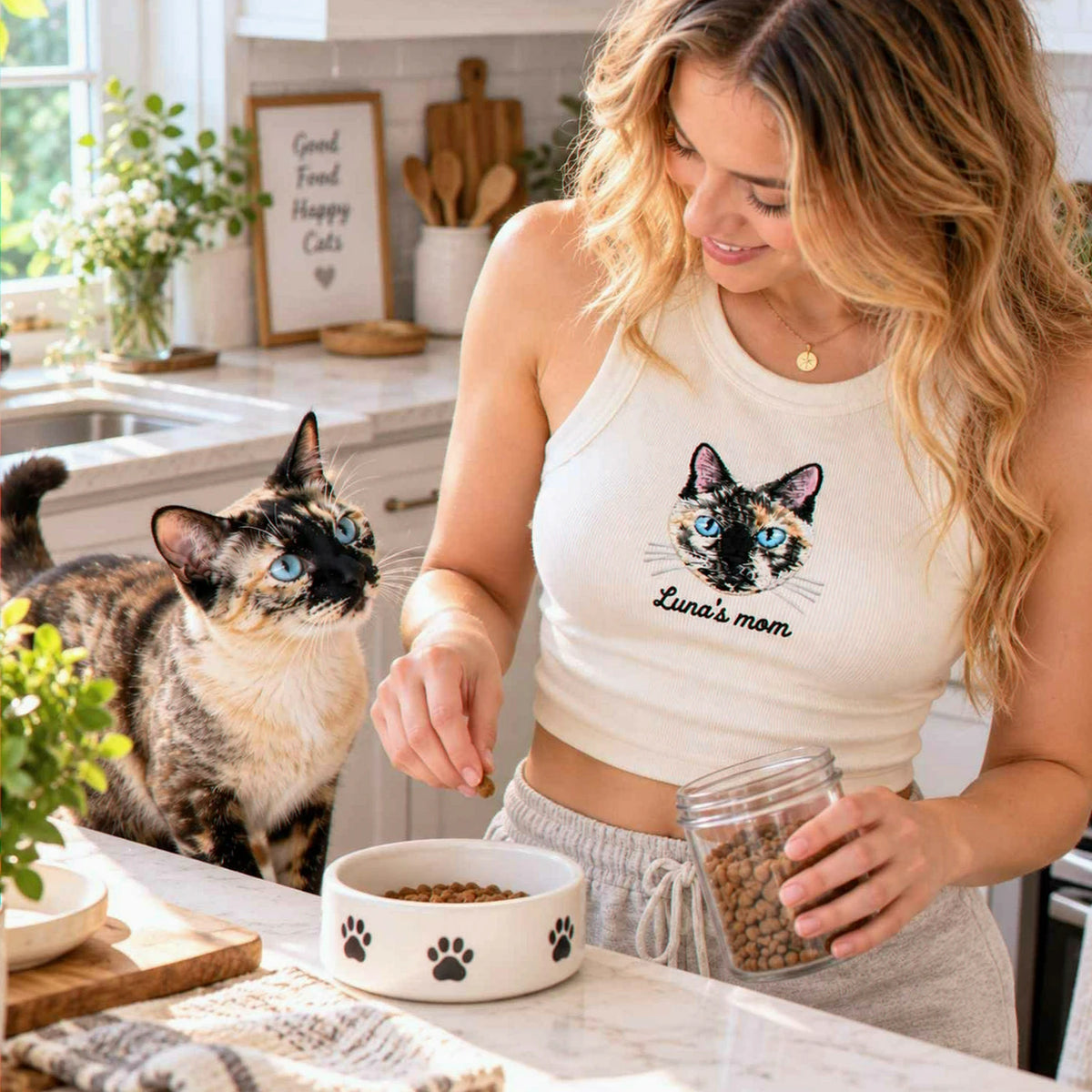 Custom Cat Mom Tank Top, Embroidered Cat Portrait from Photo Tank for Birthday Cat Mom, Pet Lover Gift