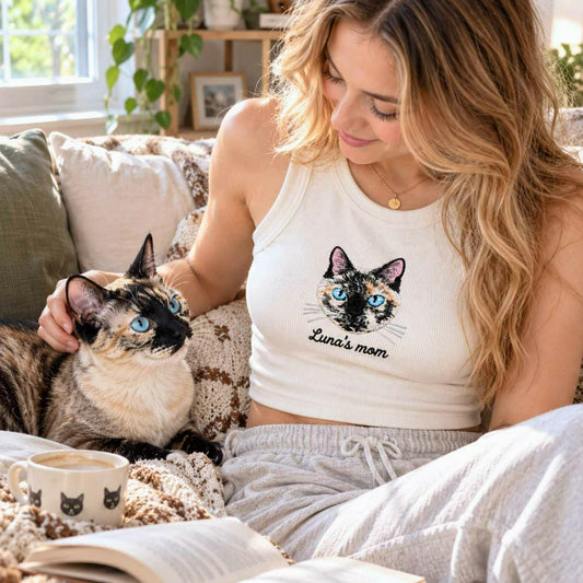 Custom Cat Mom Tank Top, Embroidered Cat Portrait from Photo Tank for Birthday Cat Mom, Pet Lover Gift