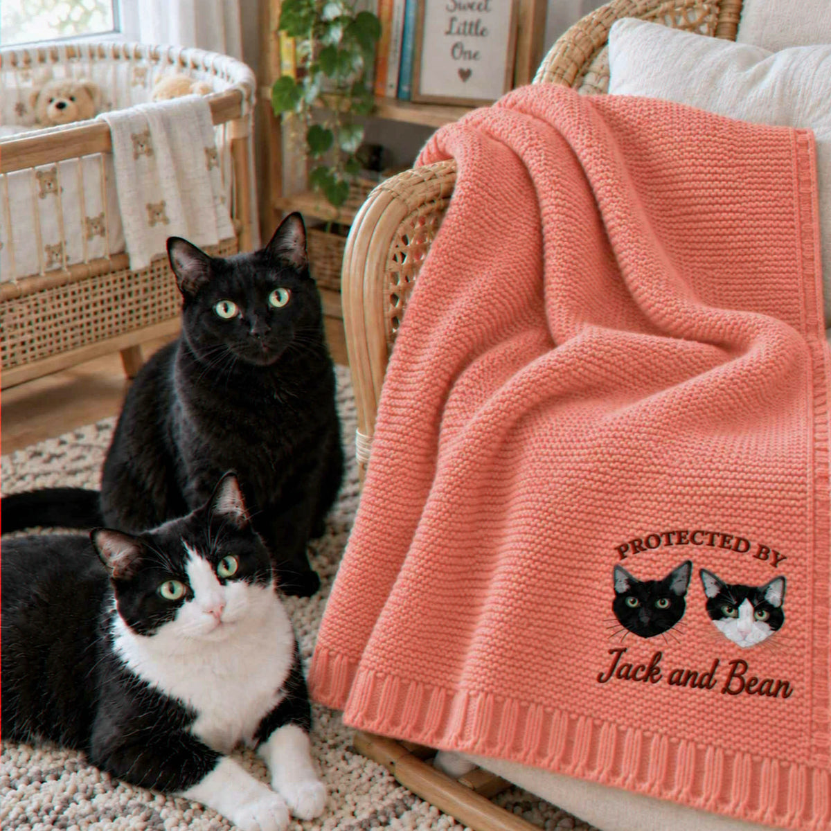 Custom Protected By Cat Baby Blanket, Embroidered Furry Big Brother Sister Thrown, Baby Shower Gift from Cat
