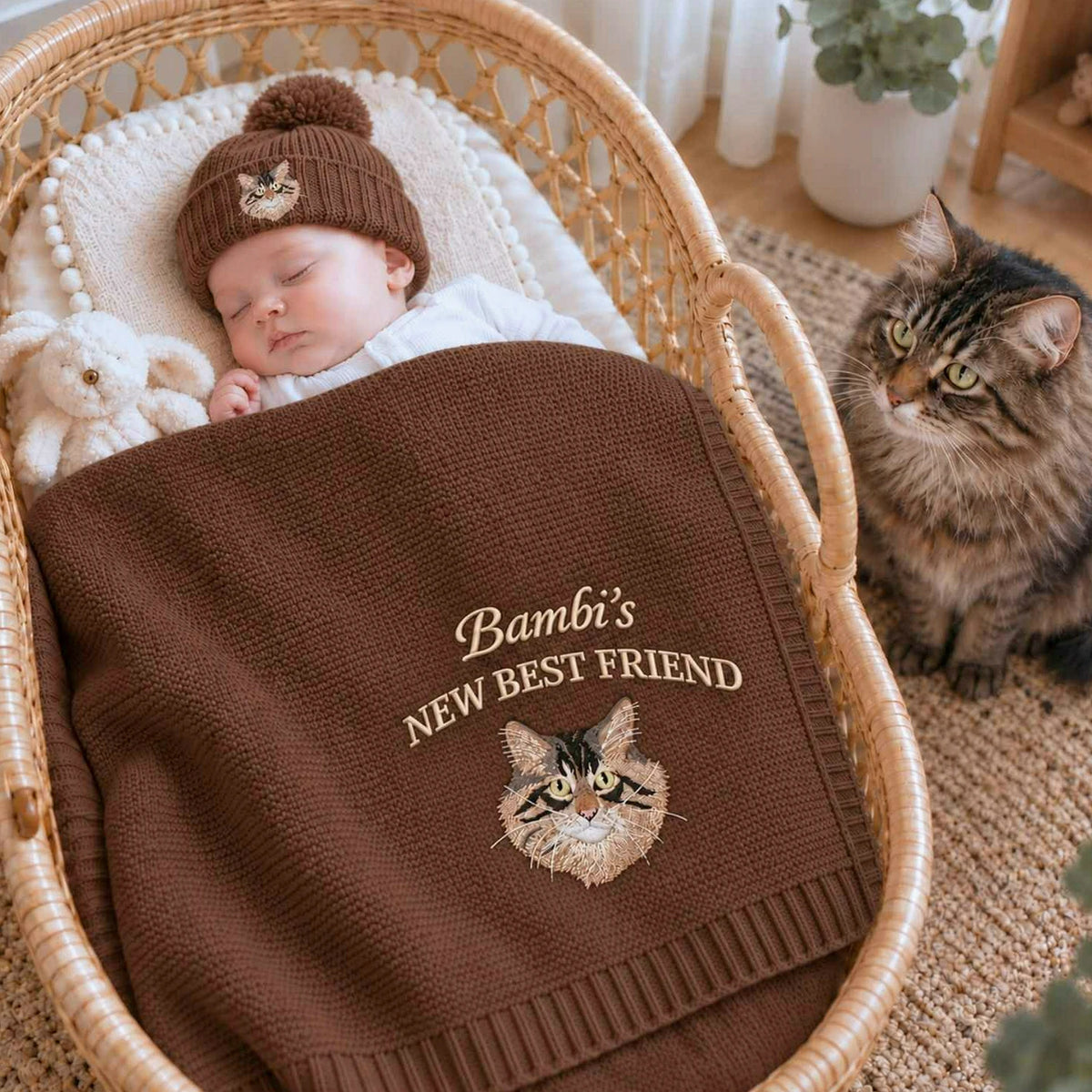Sleeping baby beside a tabby cat under a brown knit blanket embroidered with the cat’s portrait, a personalized baby shower gift for cat-loving families.