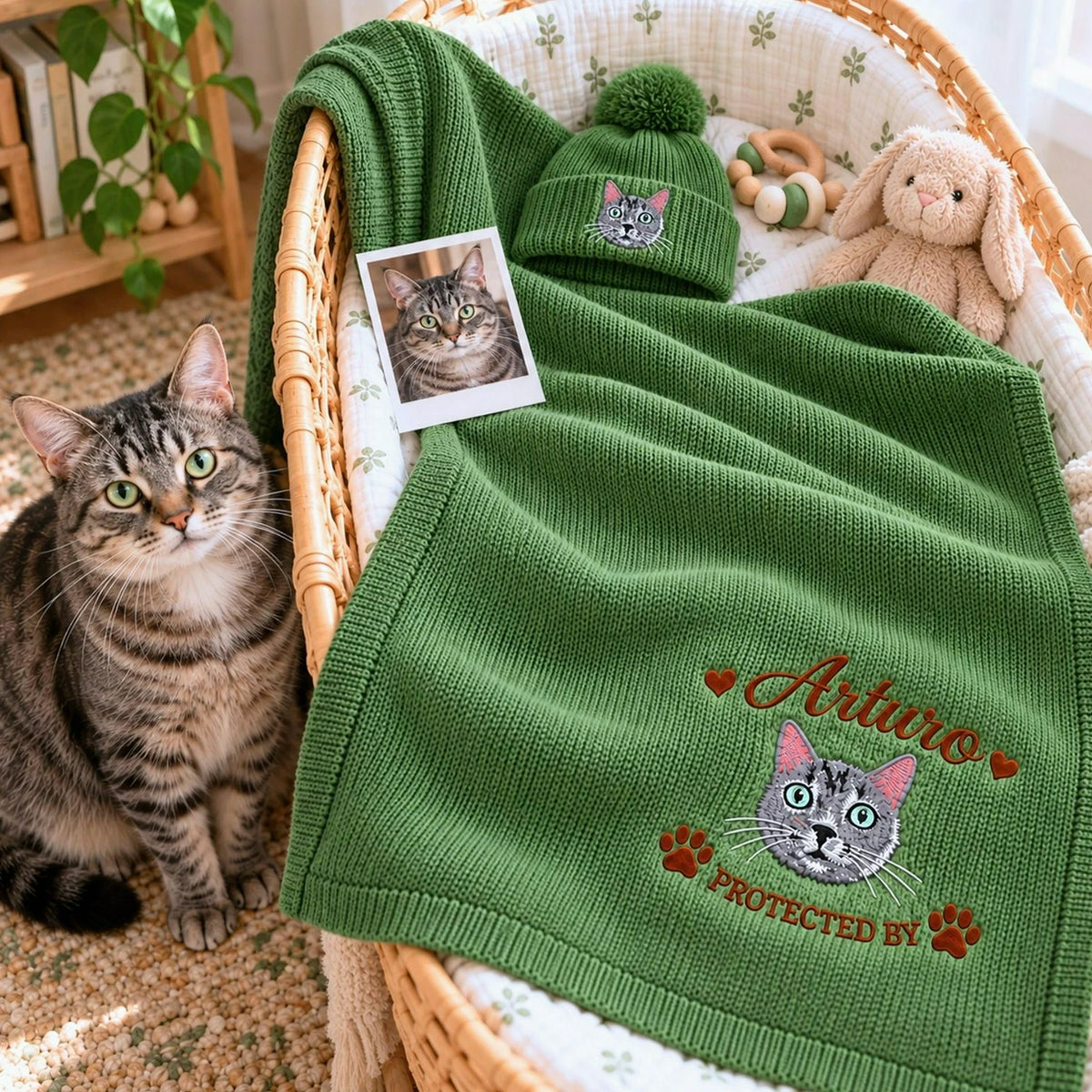Custom Cat Portrait Baby Blanket, Embroidered Pet Photo Nursery Throw, Protected By Pet Pregnancy Gift